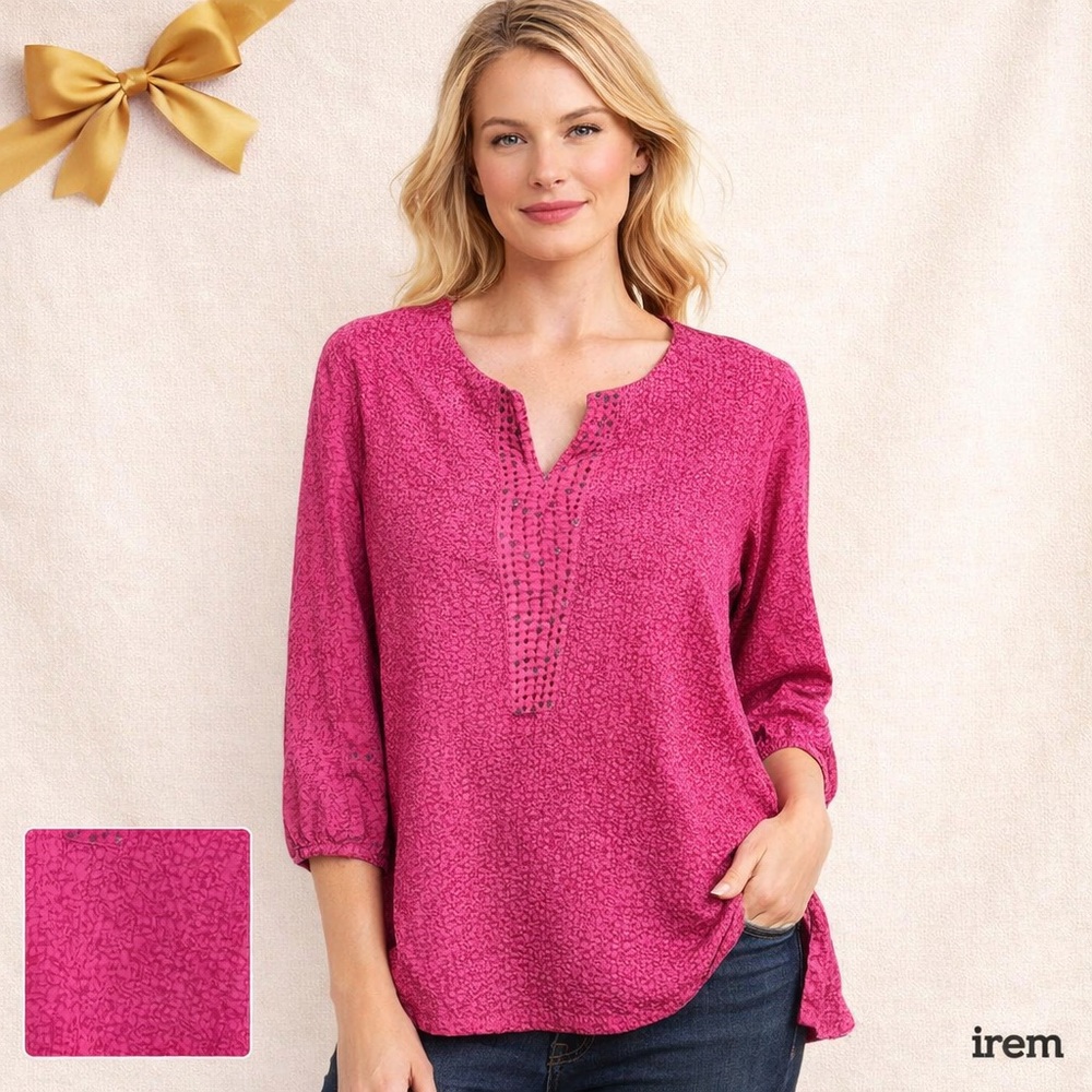 Pink Embroidered Boho Blouse Textured Floral Sequins 3/4 Sleeve Size Meedium